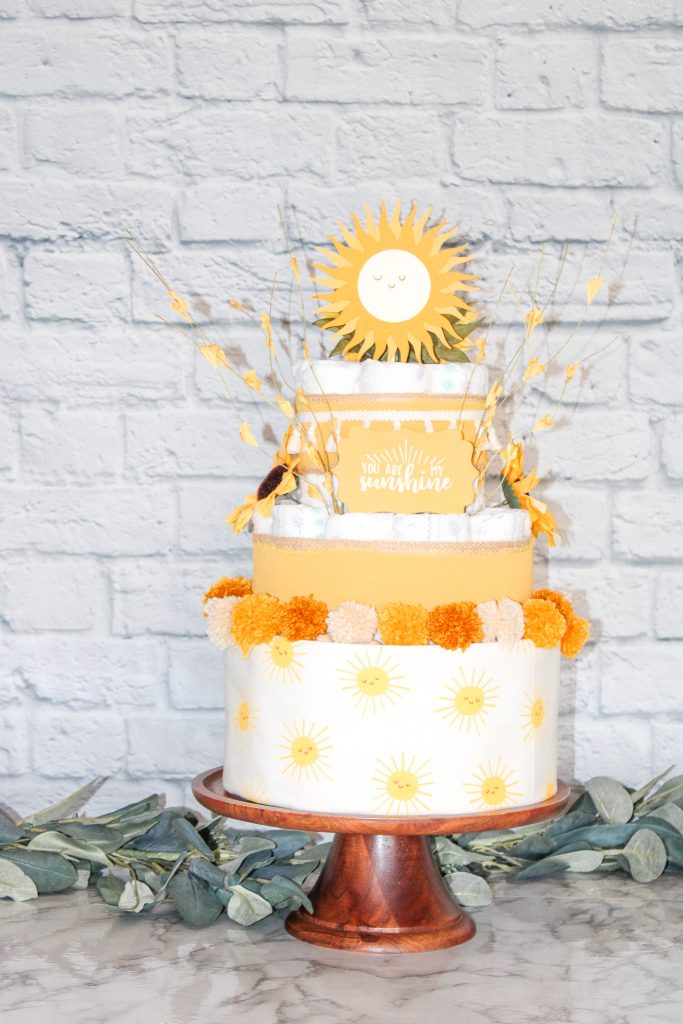 You are My Sunshine shops Diaper Cake Yellow and Gray - Sunshine Baby Shower Centerpiece 3 Tier Diaper Cake / Yellow and Silver Cake